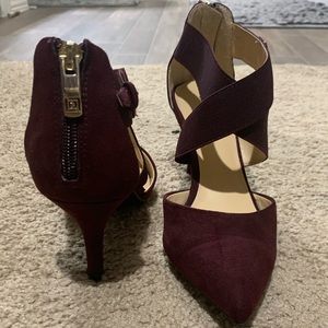 Burgundy suede low heels with straps